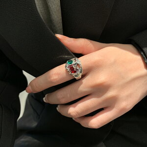 小寶s925純銀獨特復古幾何紅綠鋯石肌理戒指女小眾設計高級冷淡風