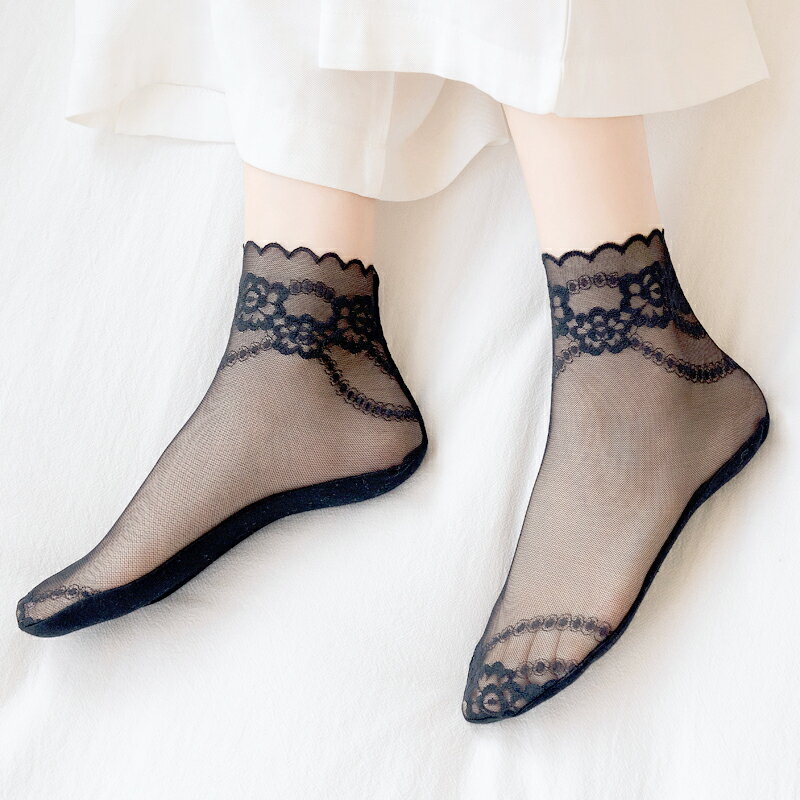 黑色女襪玻璃絲襪超薄款蕾絲花邊中筒襪棉底短絲襪防滑透明耐磨