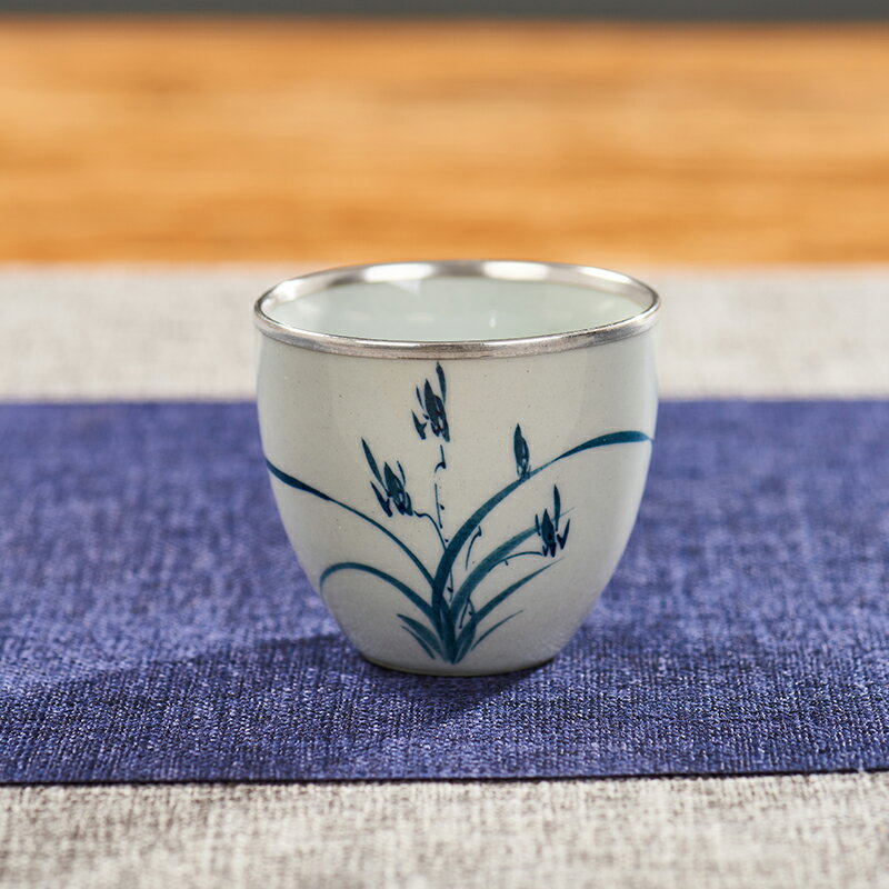 創意陶瓷茶杯手繪青花純銀銀口茶杯品茗杯單個主人杯功夫茶具茶盞 6