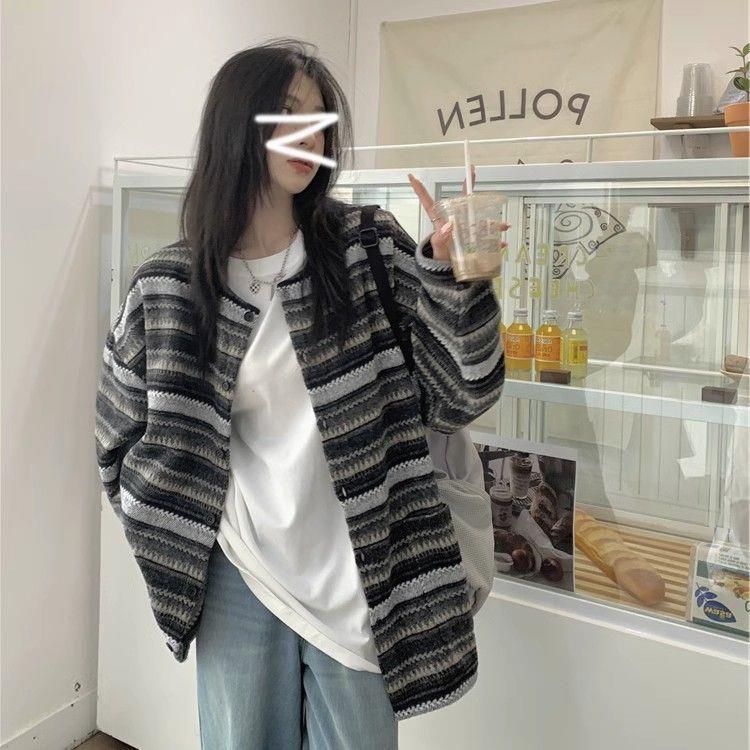 薄外套 春秋小香風條紋外套女ins寬松古著上衣服美式國潮牌棒球服夾克男