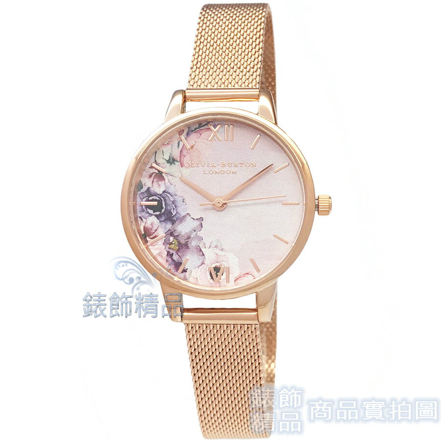 【錶飾精品】OLIVIA BURTON OB16PP39 花香水彩 粉面玫瑰金色金屬網狀錶帶 女錶 30mm