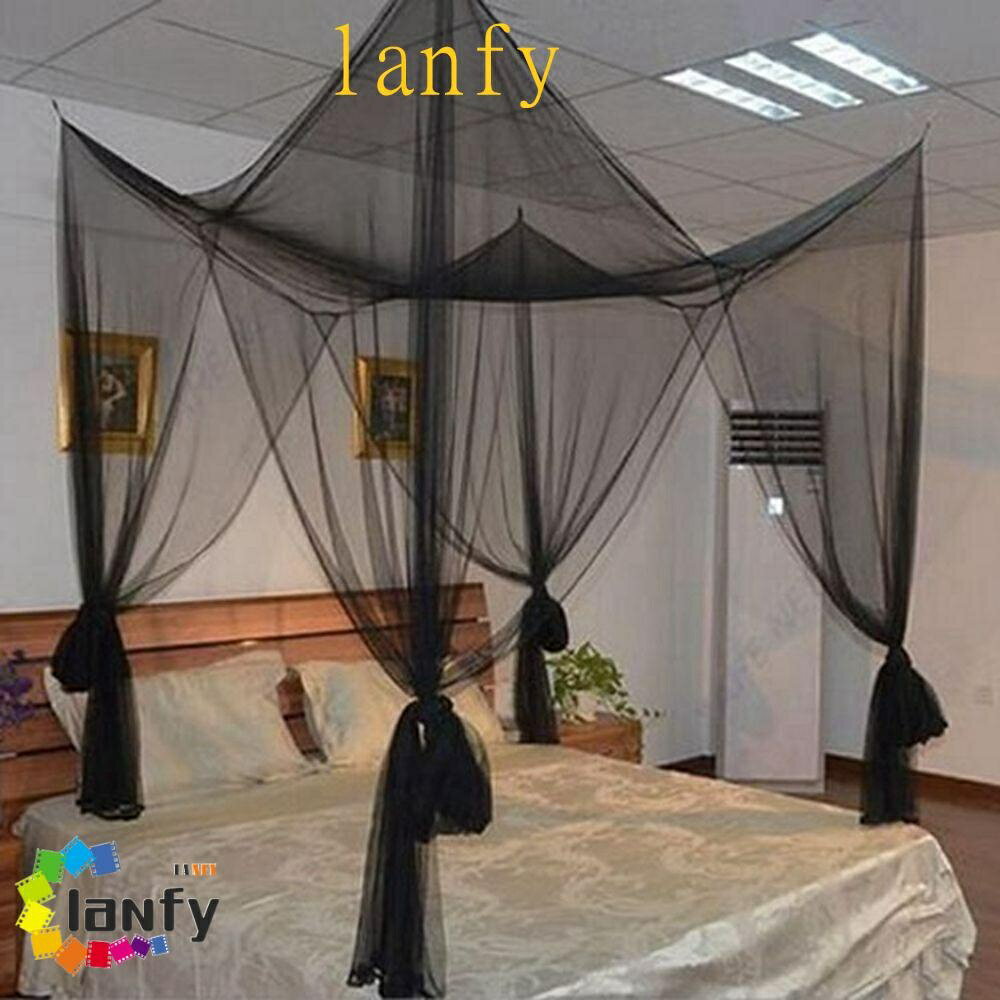 LANFY蚊帳黑色優雅的4角柱網特大號床上用品
