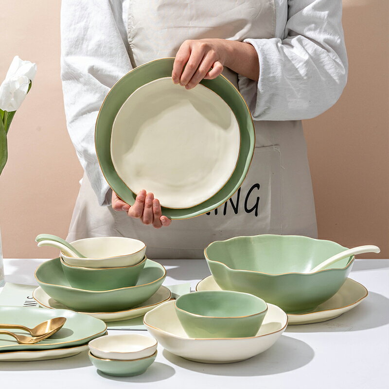 北歐陶瓷金邊輕奢餐具套裝單個創意飯碗面碗菜盤子湯碗碟家用組合