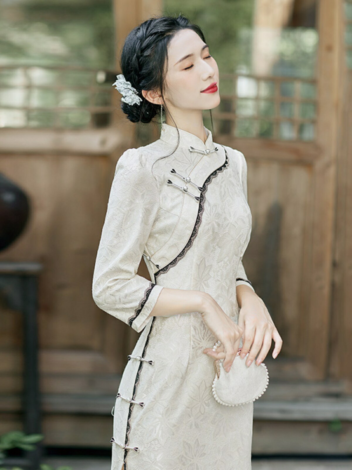 旗袍 旗袍洋裝 洋裝 日常氣質改良旗袍新款2023新款年輕款女民國風復古修身中袖秋冬裝『ZW6542』