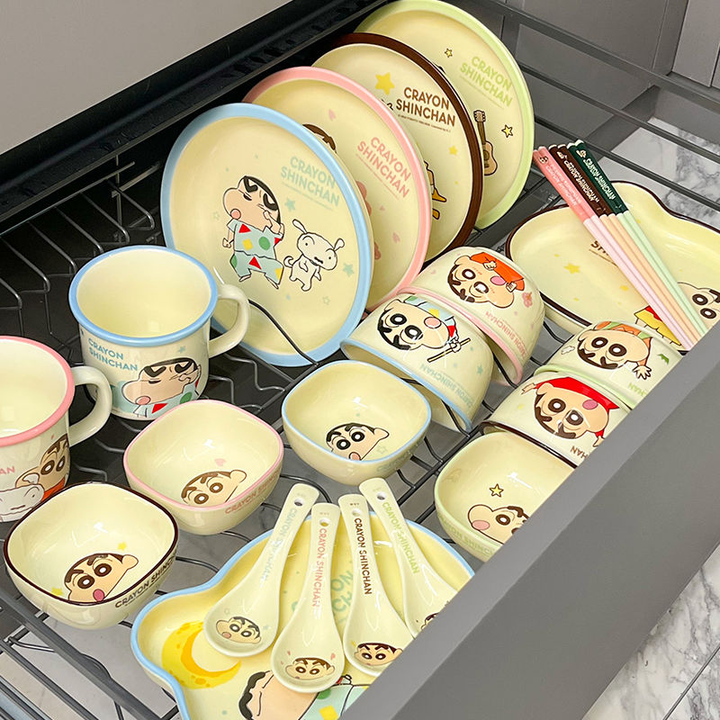 免運 正版蠟筆小新碗碟套裝家用新款陶瓷碗盤高顏值餐具飯碗盤子328L 快速出貨