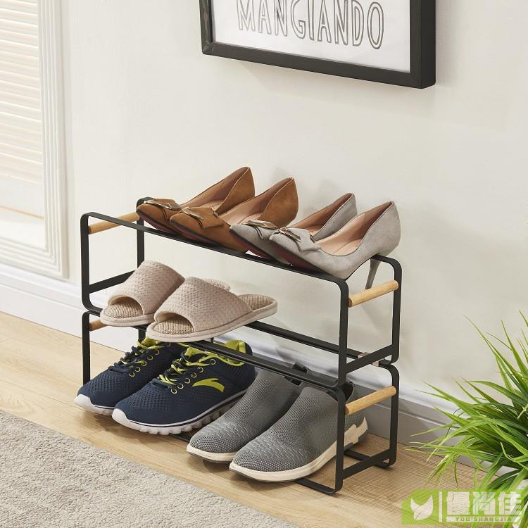 簡約設計日式鐵藝鞋架 北歐風木柄木質提手多層可疊加可移動收納鞋架 客廳臥室居家鞋子收納架