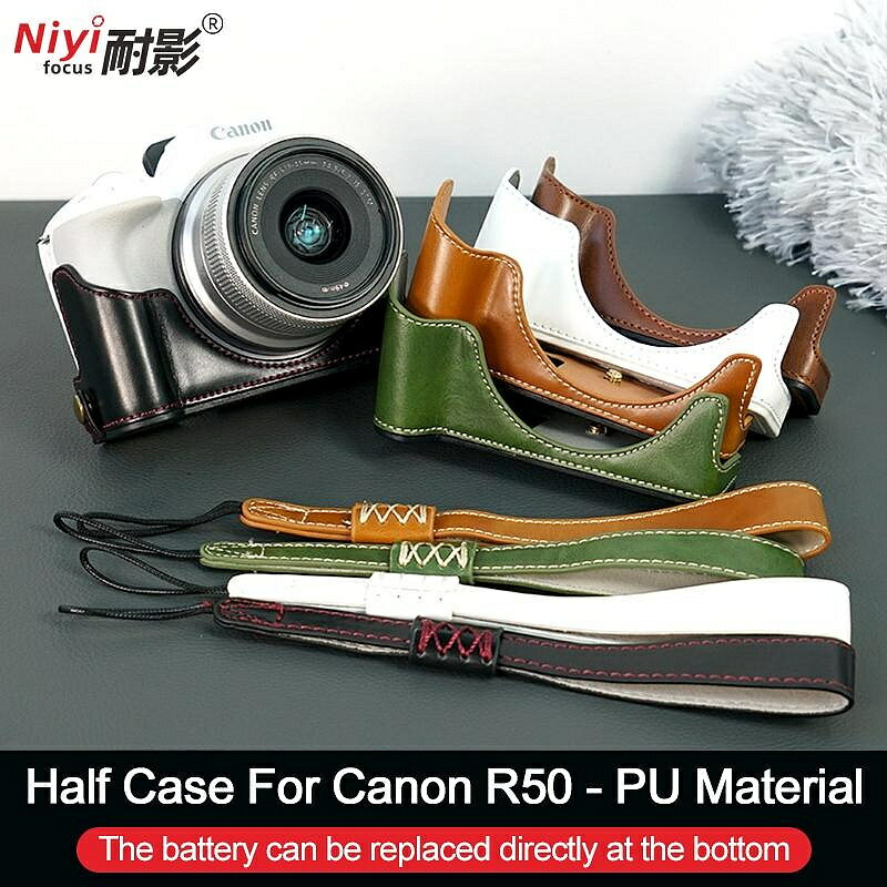 佳能 R50 R100 PU 皮套皮革單反佳能 EOS R5 R6 R7 R10 R6II 保護套相機包包帶背帶