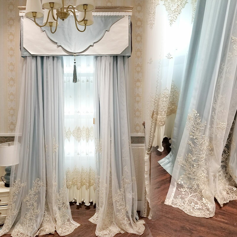 [卡汀]浪漫北歐ins風格小美式公主風臥室盤繡紗加淺藍色襯布窗簾