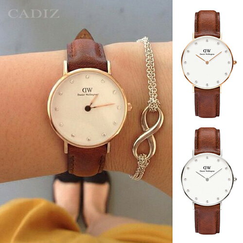 【Cadiz】瑞典正品 Daniel Wellington 手錶 0950DW玫瑰金 0960DW銀色 CLASSY ST MAWES 水鑽 棕色真皮皮革 蛋殼白錶盤 34mm CLASSY ST MAWES