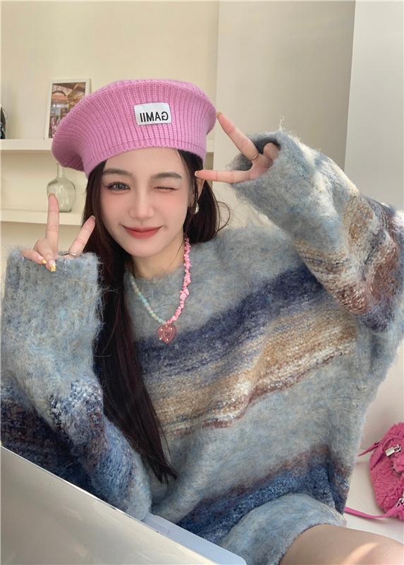 毛衣女中長款寬松慵懶風氛圍感混色圓領時尚百搭小眾上衣秋冬新款