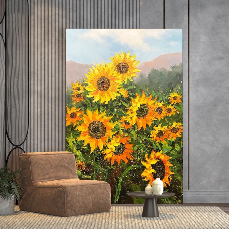 壁畫 原創純手繪油畫向日葵客廳玄關裝飾畫厚肌理畫北歐向陽花掛畫花卉