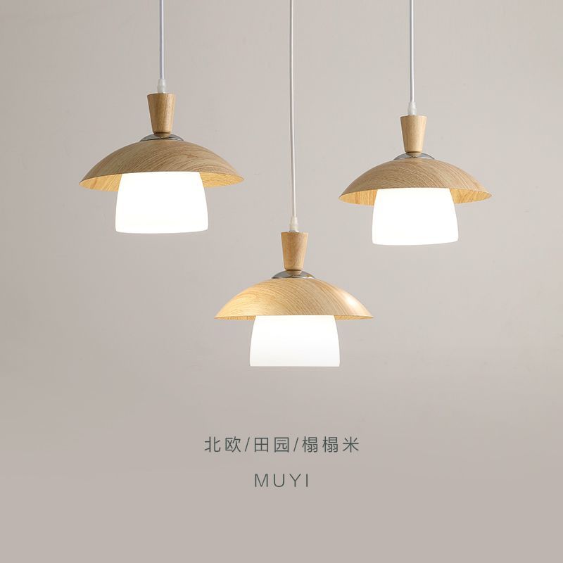 110v吊燈 燈具 網紅現代簡約北歐臥室書房吧臺燈日式原木餐廳吊燈飛碟原木風燈具