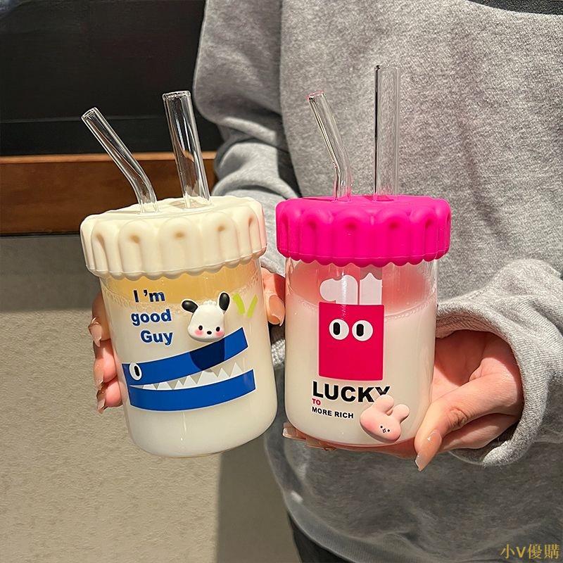 小V優購|390/530ML雙飲玻璃杯兩根吸管環保杯冷飲杯熱飲杯小珍珠奶茶杯帶吸管牛奶咖啡杯隨行杯