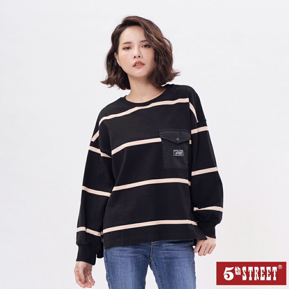 女寬版貼袋條紋長袖T恤-黑色【5th STREET】【APP下單享4%點數】★保暖上衣