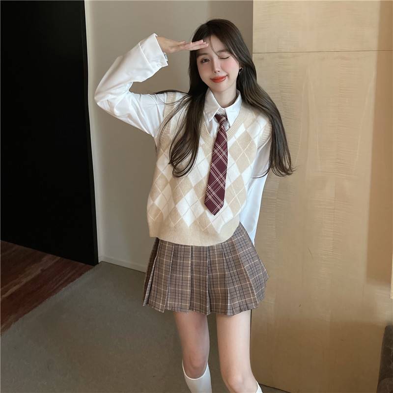 學院風jk制服套裝女早春新款日系校服針織馬甲襯衫百褶裙三件套潮 1