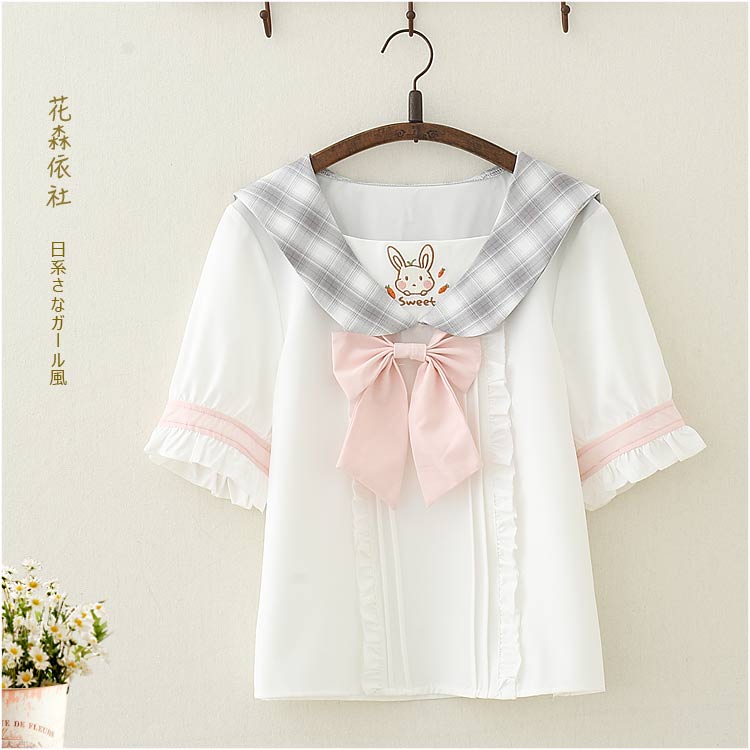 海軍領少女心短袖襯衫夏季日系中學生甜美蝴蝶結白色襯衫可愛上衣