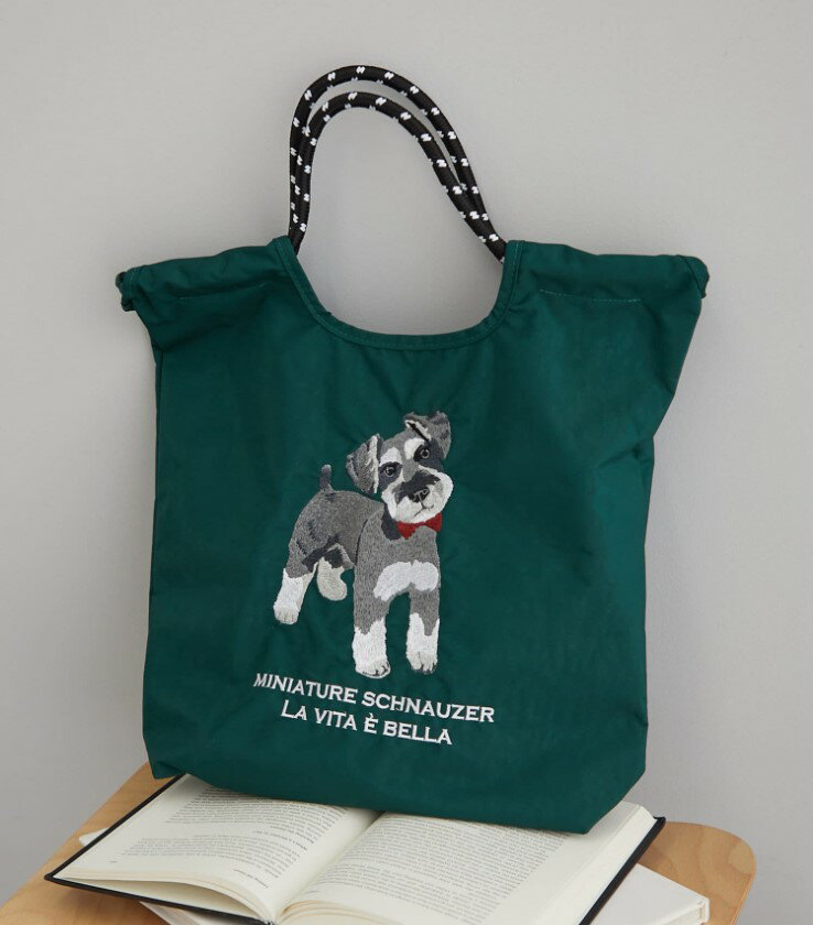 polkapolka 動物刺繡 肩背 手提袋(綠色/雪納瑞)-本直送，預購中