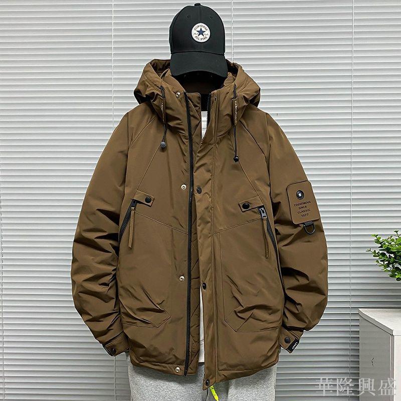 華隆 多口袋沖鋒衣羽絨服男寬松連帽潮牌防風保暖冬天外套短款鴨絨上衣