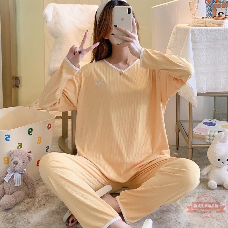 春秋款睡衣女2022年新款純色簡約長袖甜美棉質可外穿的家居服套裝