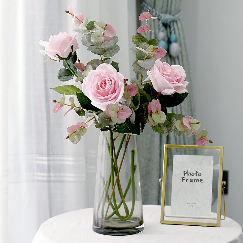手感PU保濕玫瑰仿真花束單枝插花客廳餐桌絹花擺件北歐假花裝飾