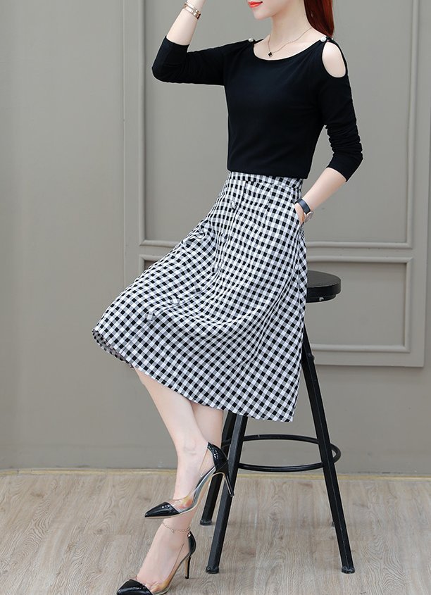 FINDSENSE品牌 秋季 新款 韓國 復古 氣質長袖針織上衣+格子中長款半身高腰裙 兩件套 時尚 潮流套裝