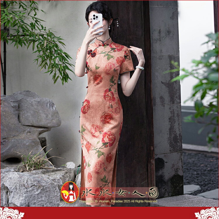 旗袍氣質印花高階感修身新中式改良夏季老上海復古民國風女長款連身裙開衩洋裝日常可穿-燦紅-水水女人國