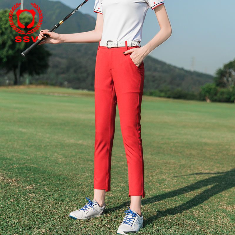 高爾夫服裝夏季新品修身九分褲紅色長褲顯瘦直筒運動女褲子GOLF
