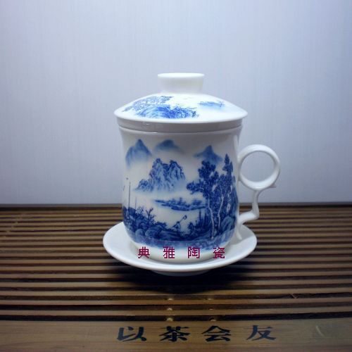 景德鎮陶瓷茶具 青花骨瓷釉中彩水杯 三件套山水茶杯 禮品套裝1入