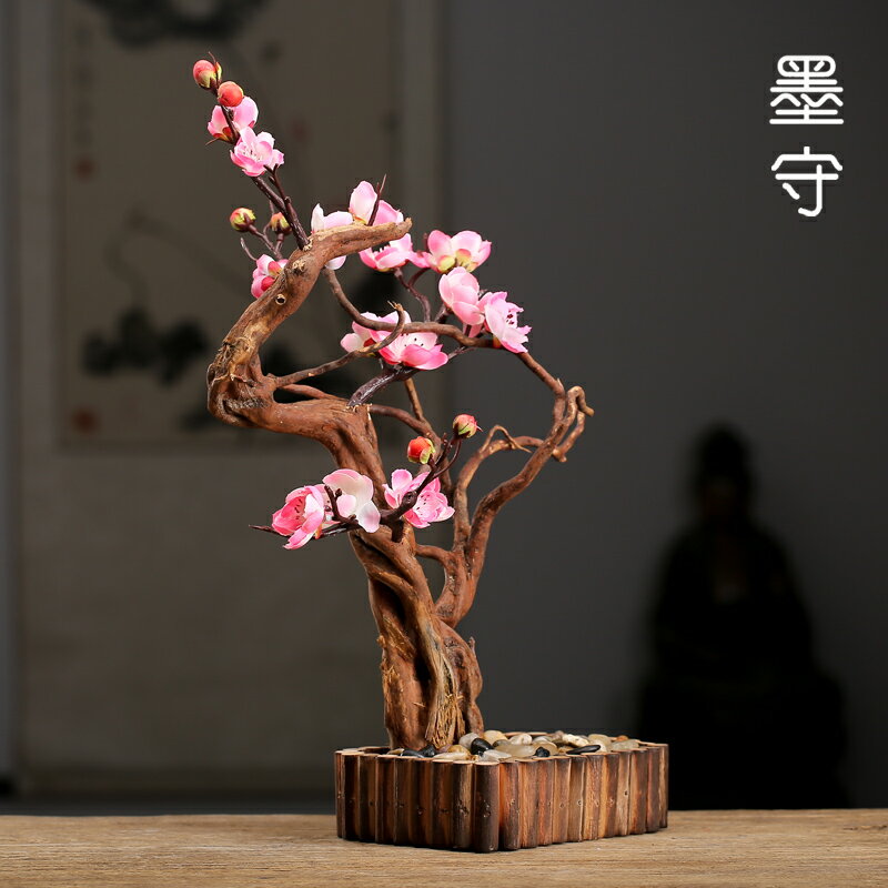 十里桃花 手工風化木中式禪意模擬擺件 茶寵擺件創意裝飾底座1入