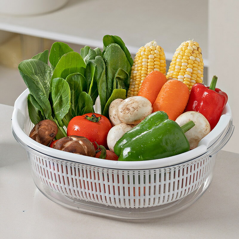 創意多用途洗菜盆瀝水籃雙層洗菜籃透明塑料水果蔬菜籃收納籃