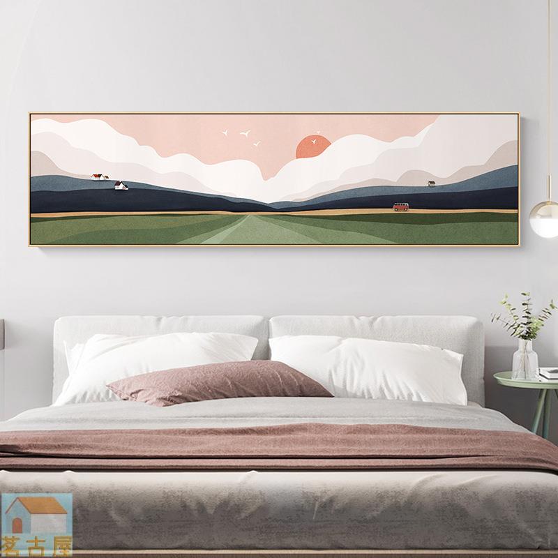 北歐風格清新床頭裝飾畫現代橫幅臥室背景風景掛畫房間溫馨壁畫