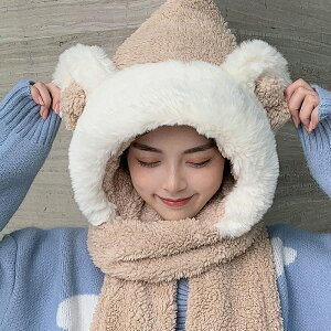 冬季保暖小熊帽子百搭可愛圓臉毛絨加厚連帽圍巾一體護耳保暖棉帽