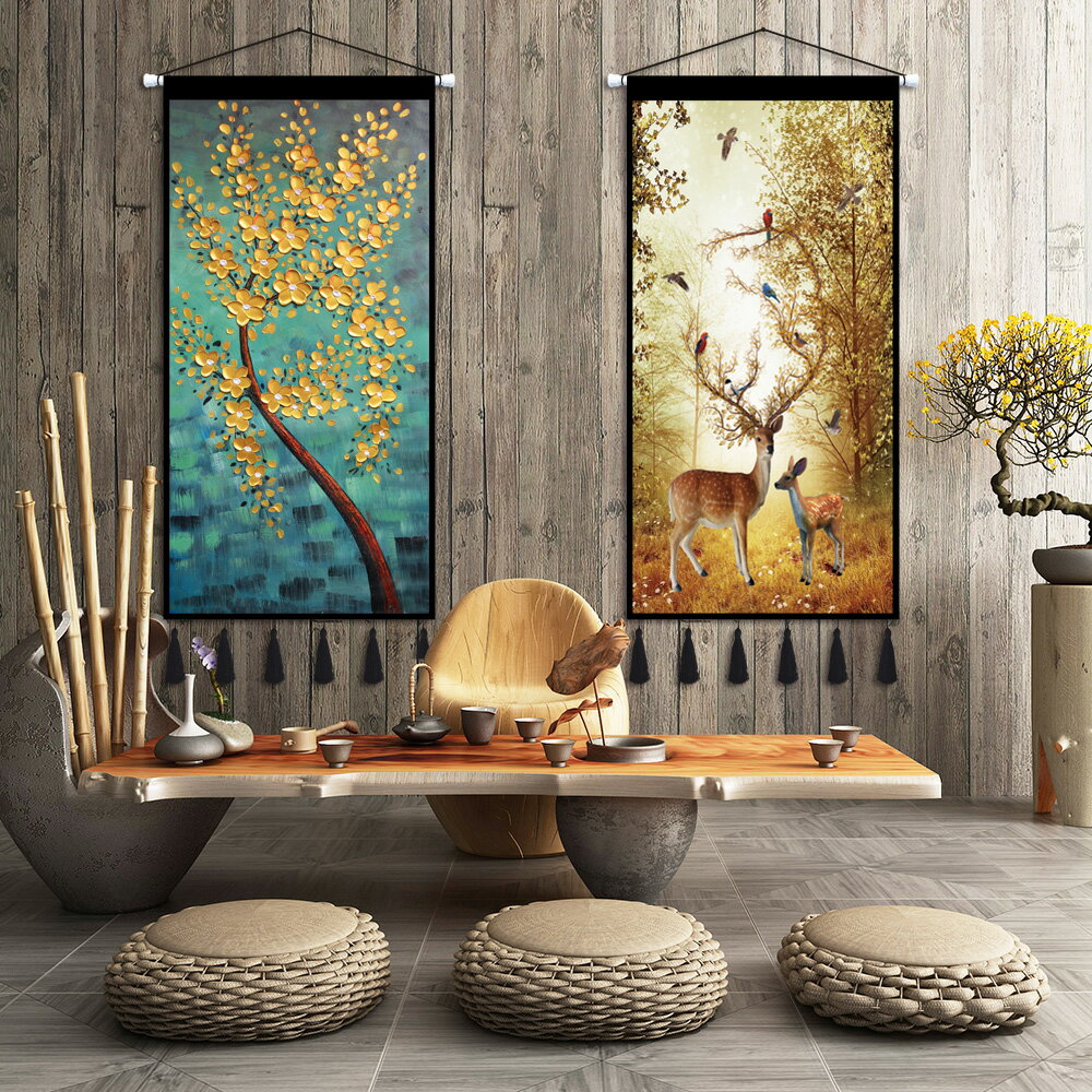 北歐風大幅布藝掛畫油畫風景畫麋鹿發財樹掛布客廳玄關臥室墻壁畫