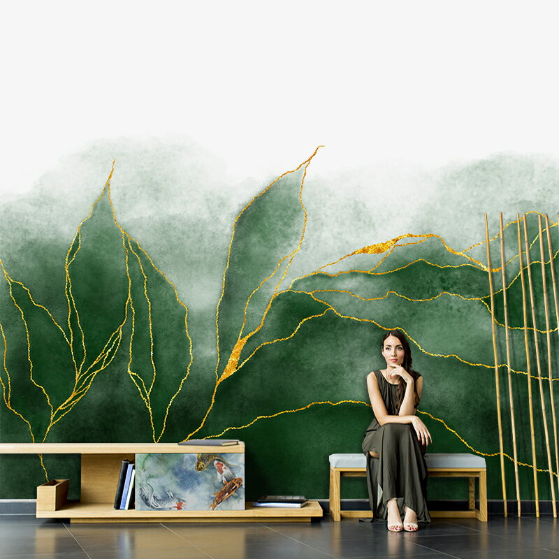 復古墻布手繪藝術抽象葉子壁紙客廳電視背景墻紙臥室壁畫客廳壁布