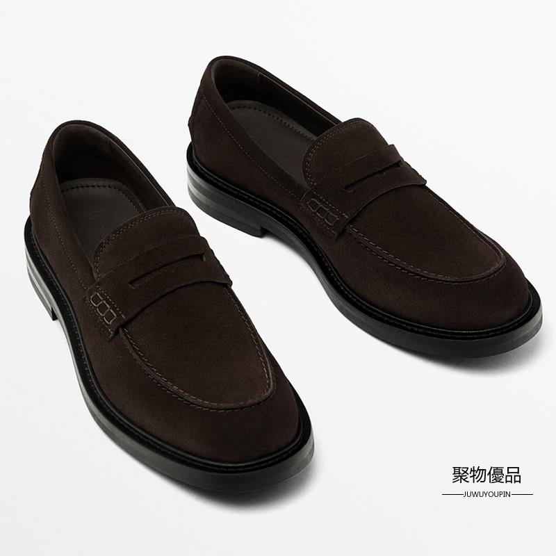 Massinno Dutti 歐美時尚男鞋子春秋一腳蹬真皮樂福鞋商務通勤休閒皮鞋牛皮套腳男鞋子牛津鞋【聚物優品】