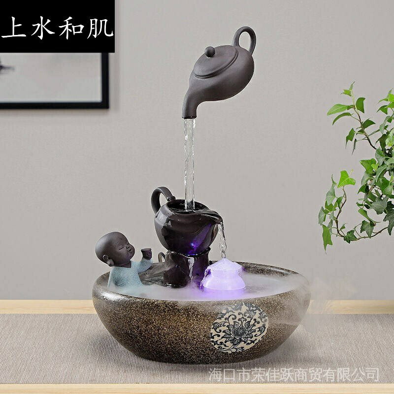 新品下殺上水和 創意中式流水噴泉擺件客廳裝飾風水辦公室小沙彌魚缸加溼器