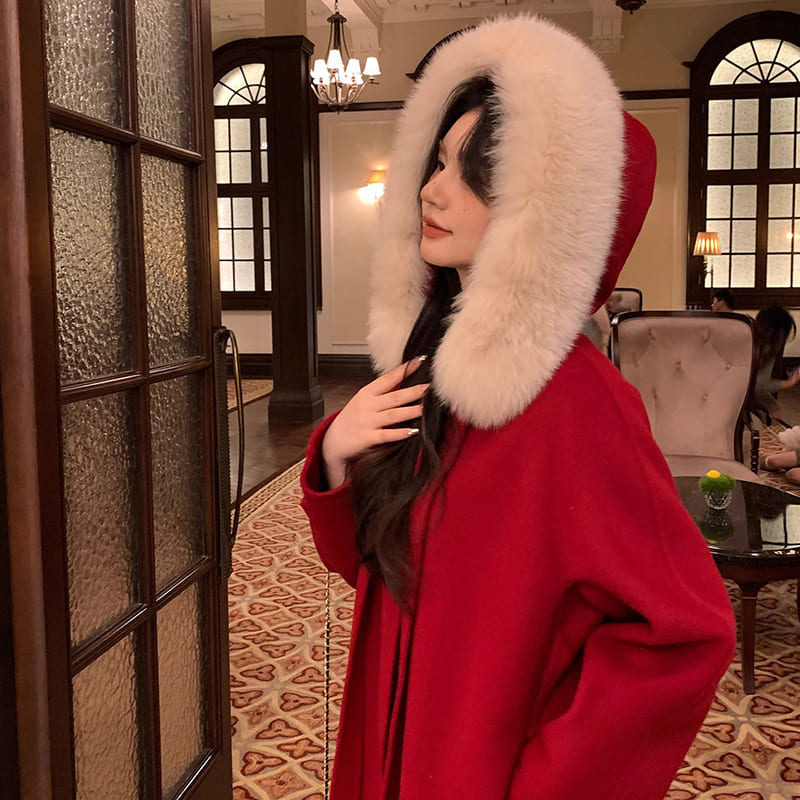 【巴黎精品】羊毛大衣毛呢外套-狐狸毛領小魔女連帽綁帶中長版女外套3色a1ik6