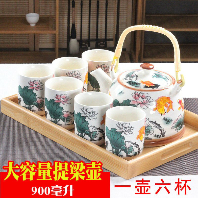 大號提梁壺茶具套裝中老式陶瓷家用青花瓷泡茶壺茶杯托盤整套禮品