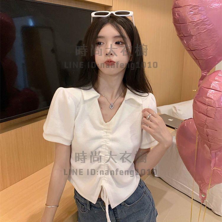 polo領上衣抽繩系帶不規則正肩短袖T恤女V領短版華夫格上衣【時尚大衣櫥】