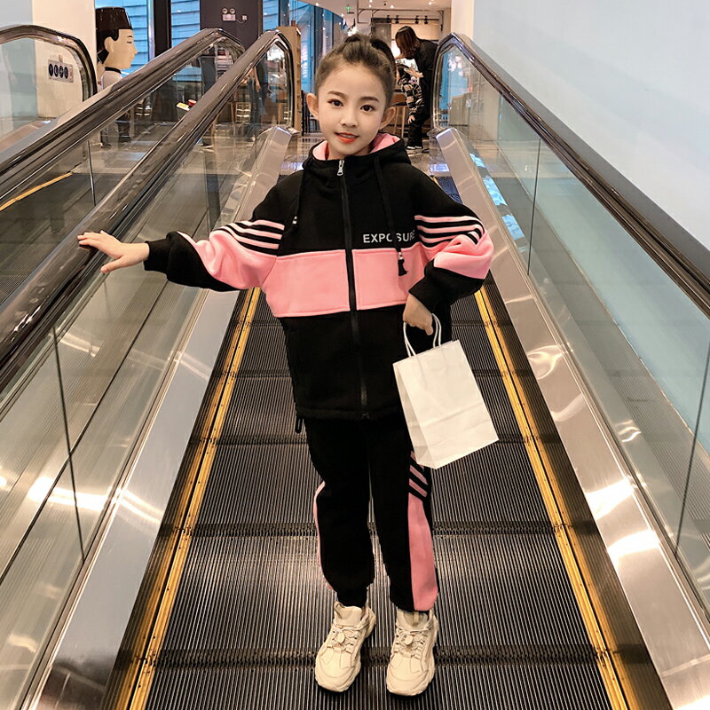 女童網紅洋氣套裝秋冬裝新款韓版中大兒童加厚休閑運動兩件套1入