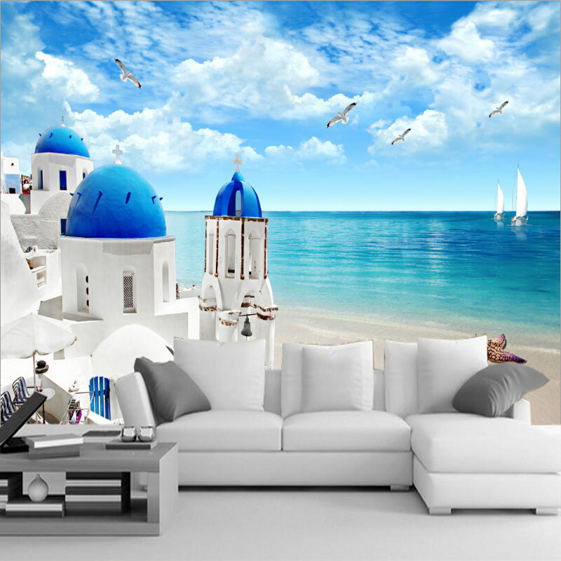 歐式3d立體地中海墻布客廳沙發電視背景墻紙8D壁紙大型壁畫5D大海