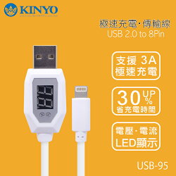 KINYO 耐嘉 USB-95 Apple IPHONE 蘋果極速電壓電流充電傳輸線/3A 極速充電/LED顯示傳輸充電線/Apple iPhone 6/6S/6 Plus/6S Plus/7/7 Plus/SE/5S/5/iPad Pro/Air/mini/iPod nano 7