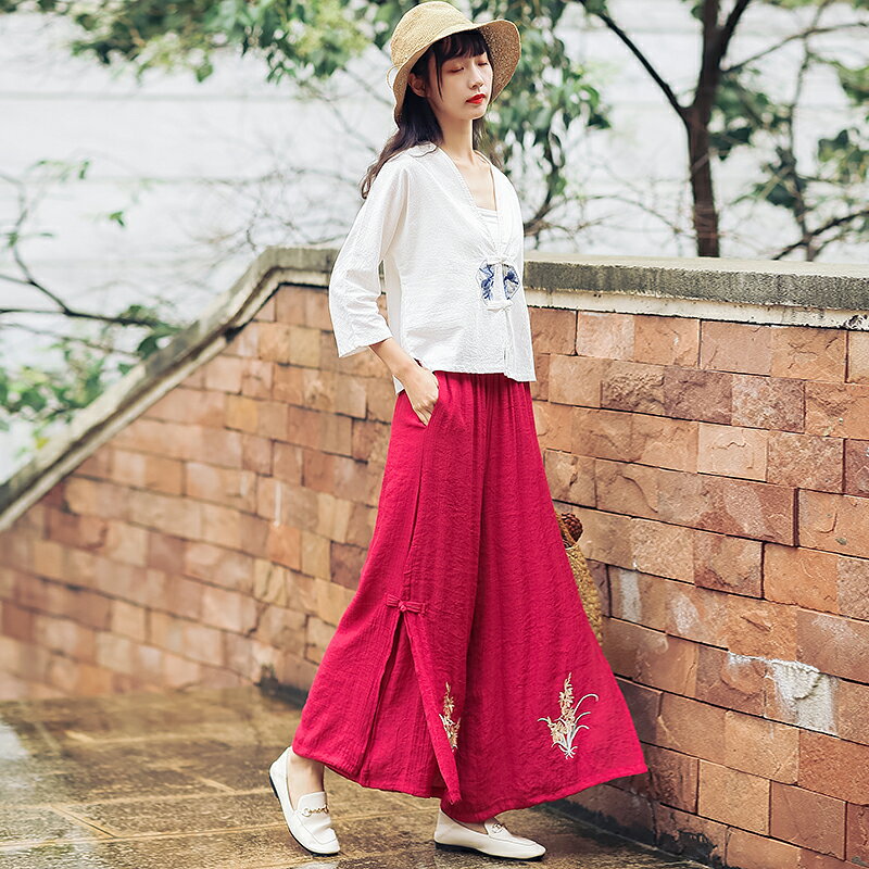 復古文藝棉麻闊腿褲女夏季雙層裙褲繡花寬松休閑瑜伽褲