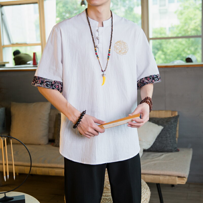 亞麻t恤男短袖夏季薄款中國風男裝漢服寬松青年胖子大碼唐裝半袖