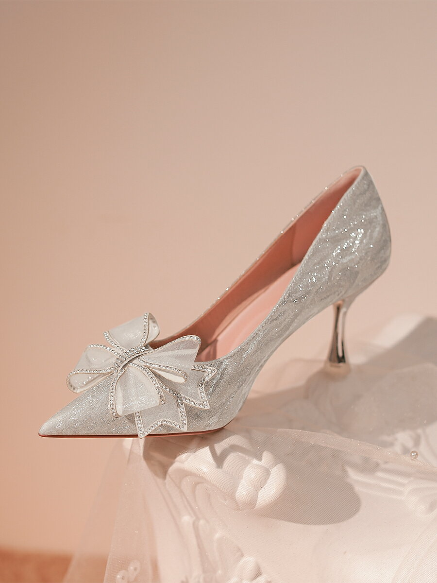 法式婚鞋水晶鞋2024年新款仙女風高跟鞋女細跟主婚紗新娘氣質名媛