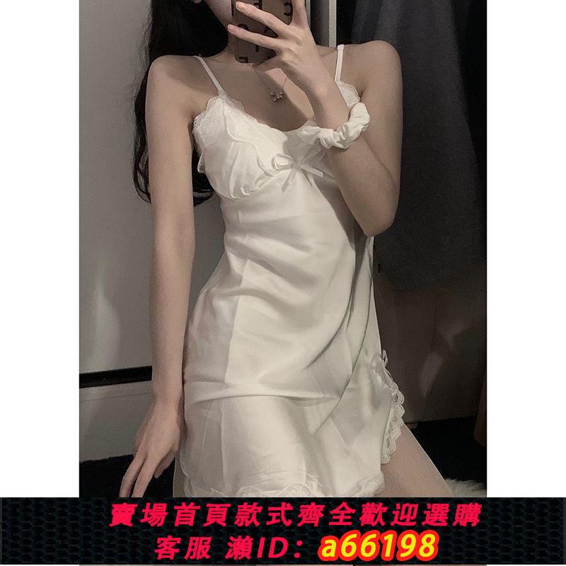 【臺灣公司 可開發票】ins蕾絲性感純欲睡裙女夏季薄款網紅美背吊帶短款蝴蝶結居家睡衣