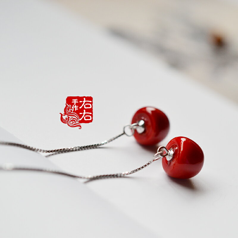 925純銀可愛耳線紅色蘋果造型耳飾配盒1入