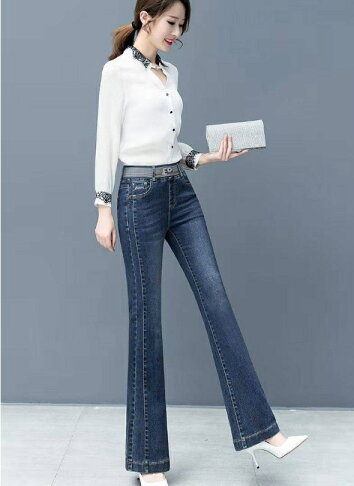 中大尺碼女裝 喇叭褲 彈性牛仔褲 長褲 顯瘦微喇叭 牛仔褲 女長褲 春季寬鬆微胖都可穿 1