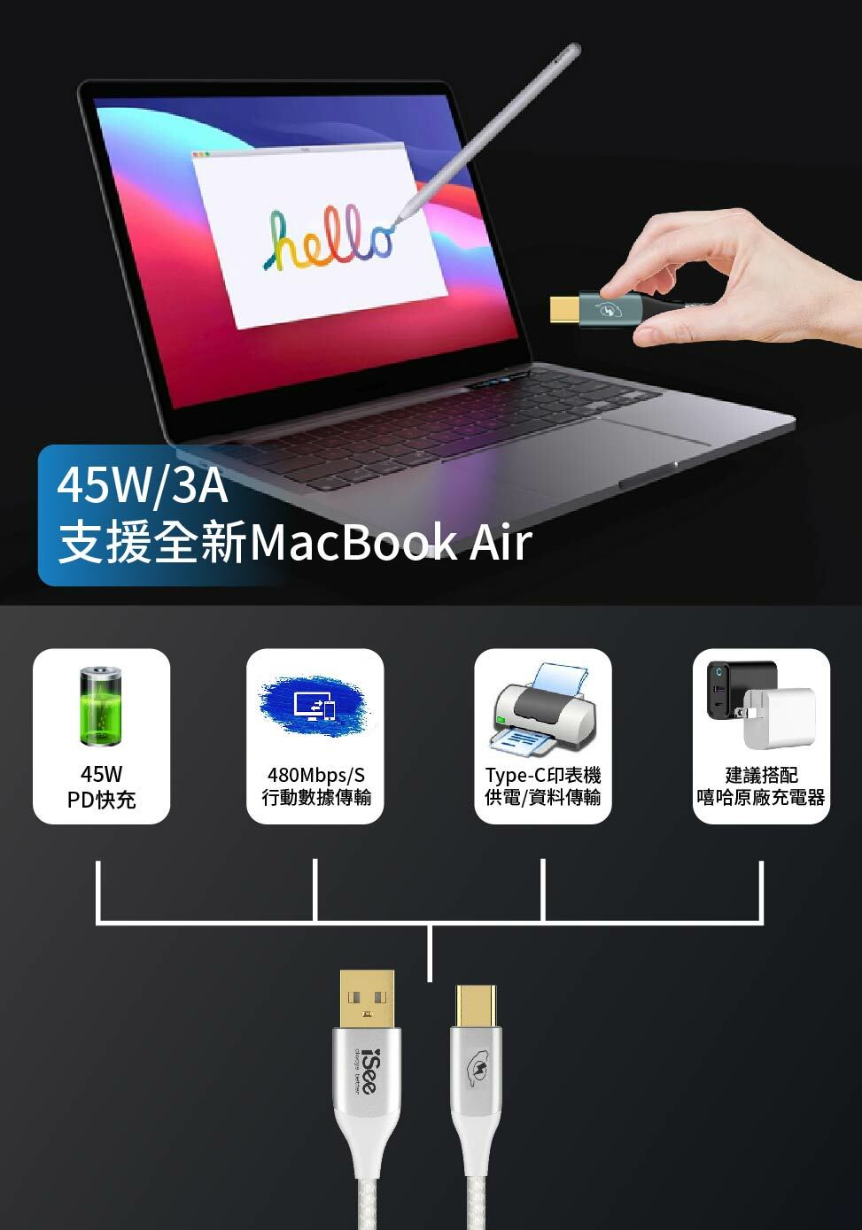 iSee 快充線 Type-A to C 45W 2.5米 鋁合金PD充電傳輸線 高密度編織線耐彎折 IC-AC678【領券滿額再折千12/31止】 2