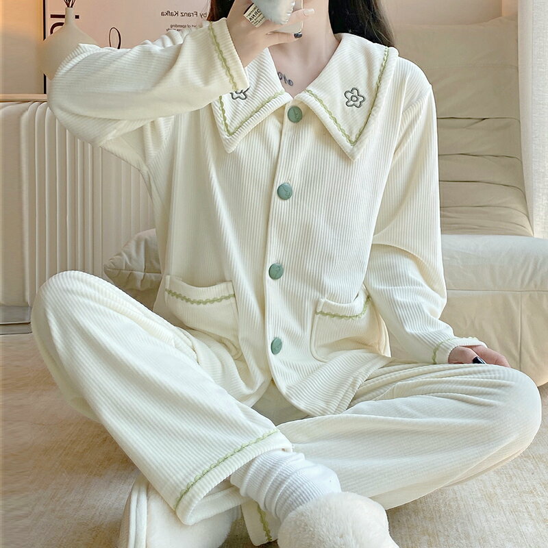 睡衣女春秋季長袖海島珊瑚絨大碼保暖冬家居服套裝【繁星小鎮】